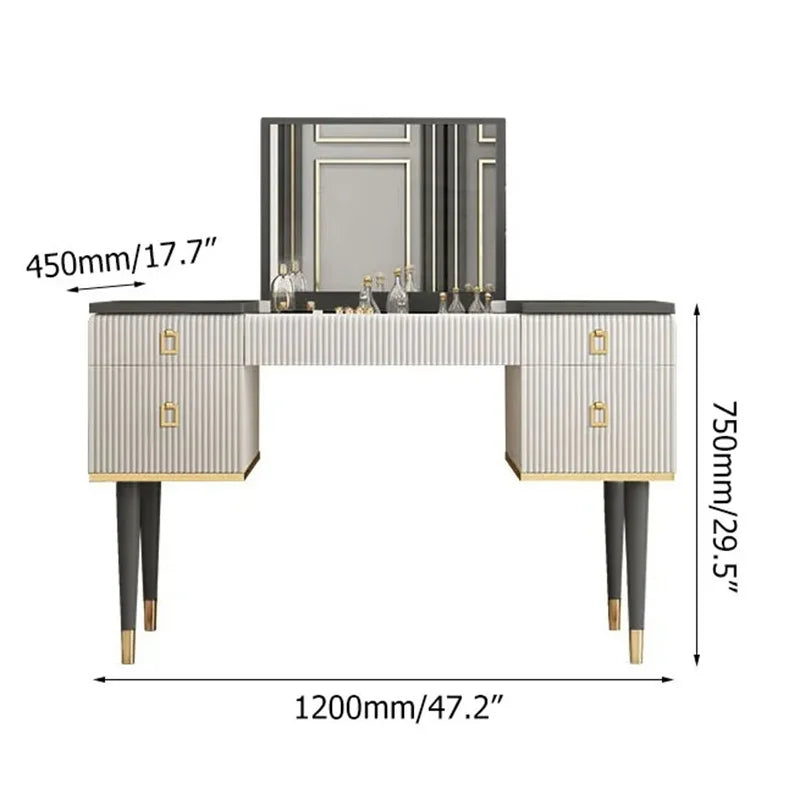 Coiffeuse à 4 Tiroirs avec Miroir à Rabat - Table de Maquillage Blanc et Gris