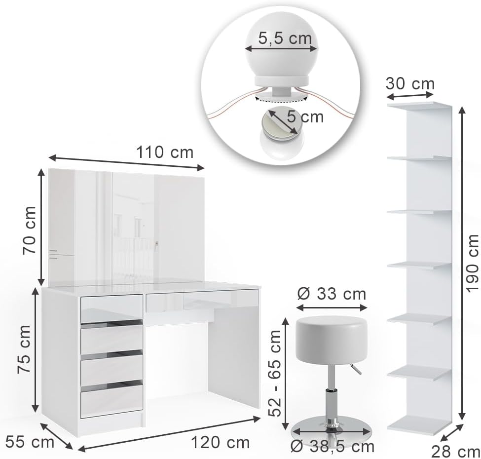 Coiffeuse Blanc - 4 Pièces avec Grande Étagère de Rangement