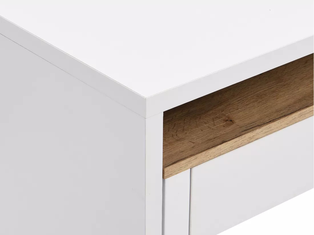 Bureau Console Extensible avec 2 Tiroirs - Blanc et Naturel