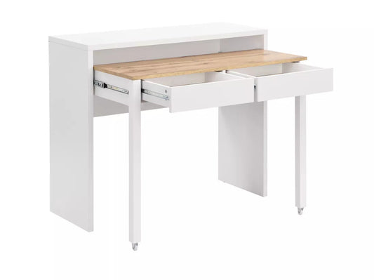 Bureau Console Extensible avec 2 Tiroirs - Blanc et Naturel