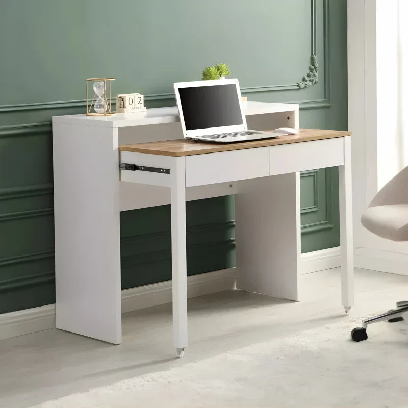 Bureau Console Extensible avec 2 Tiroirs - Blanc et Naturel