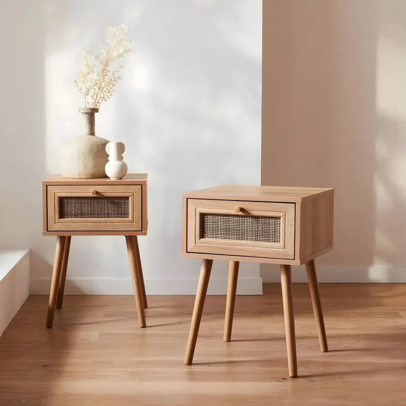 Lot de 2 Tables de Chevet - Effet Bois et Cannage