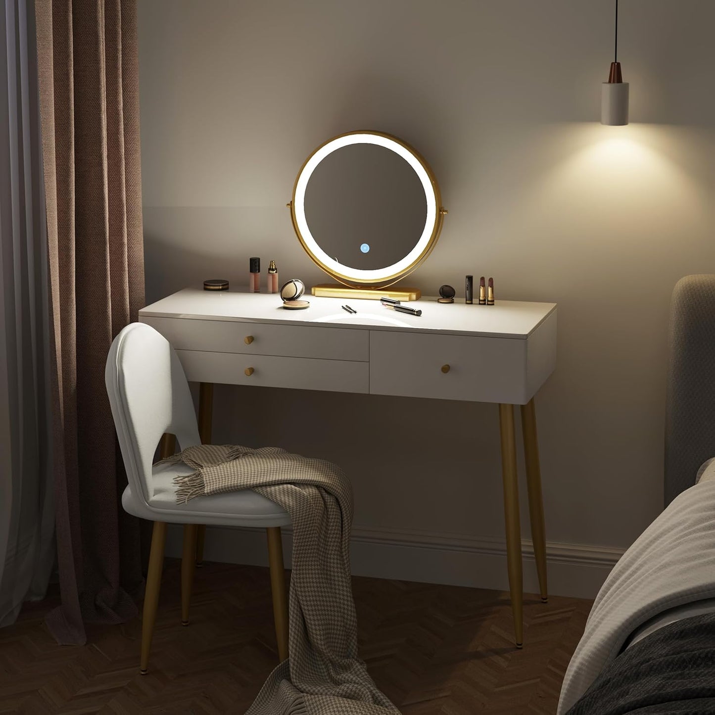 Coiffeuse avec Miroir LED Réglable - Chaise en Velours