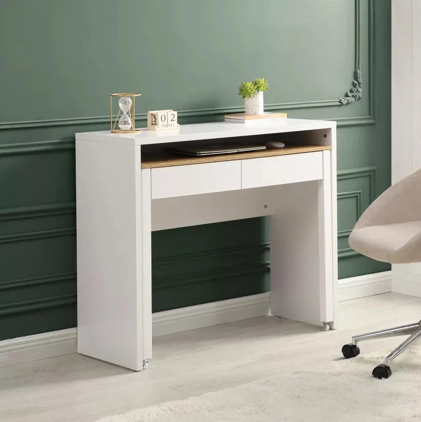 Bureau Console Extensible avec 2 Tiroirs - Blanc et Naturel