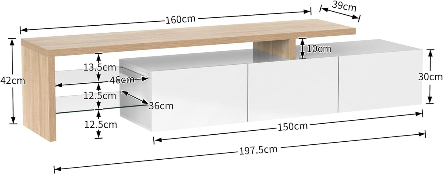 Meuble TV Moderne avec Étagères en Verre et Éclairage LED