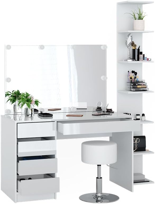 Coiffeuse Blanc - 4 Pièces avec Grande Étagère de Rangement