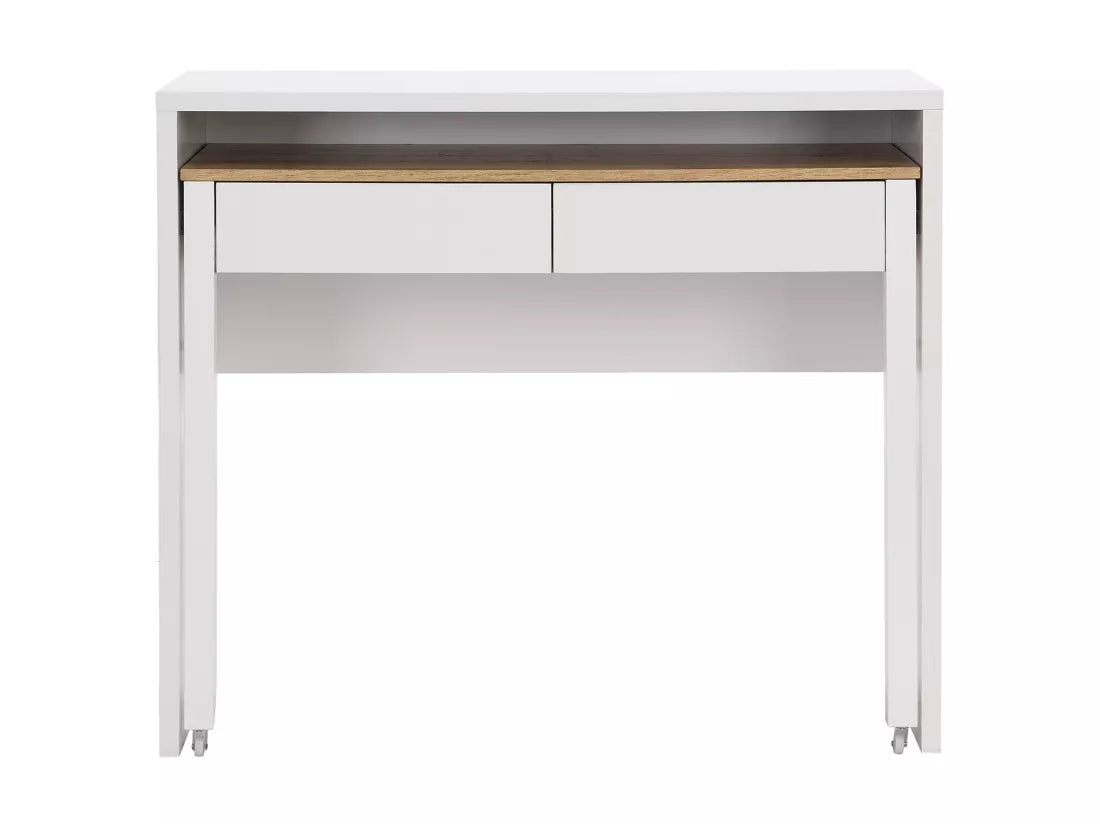 Bureau Console Extensible avec 2 Tiroirs - Blanc et Naturel