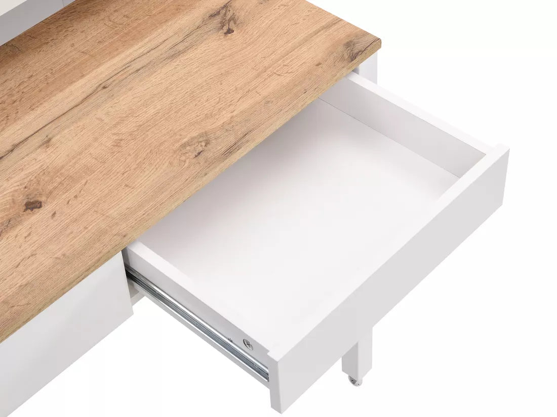 Bureau Console Extensible avec 2 Tiroirs - Blanc et Naturel