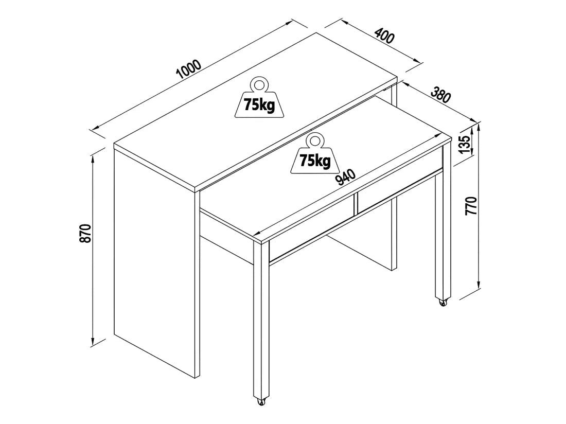 Bureau Console Extensible avec 2 Tiroirs - Blanc et Naturel