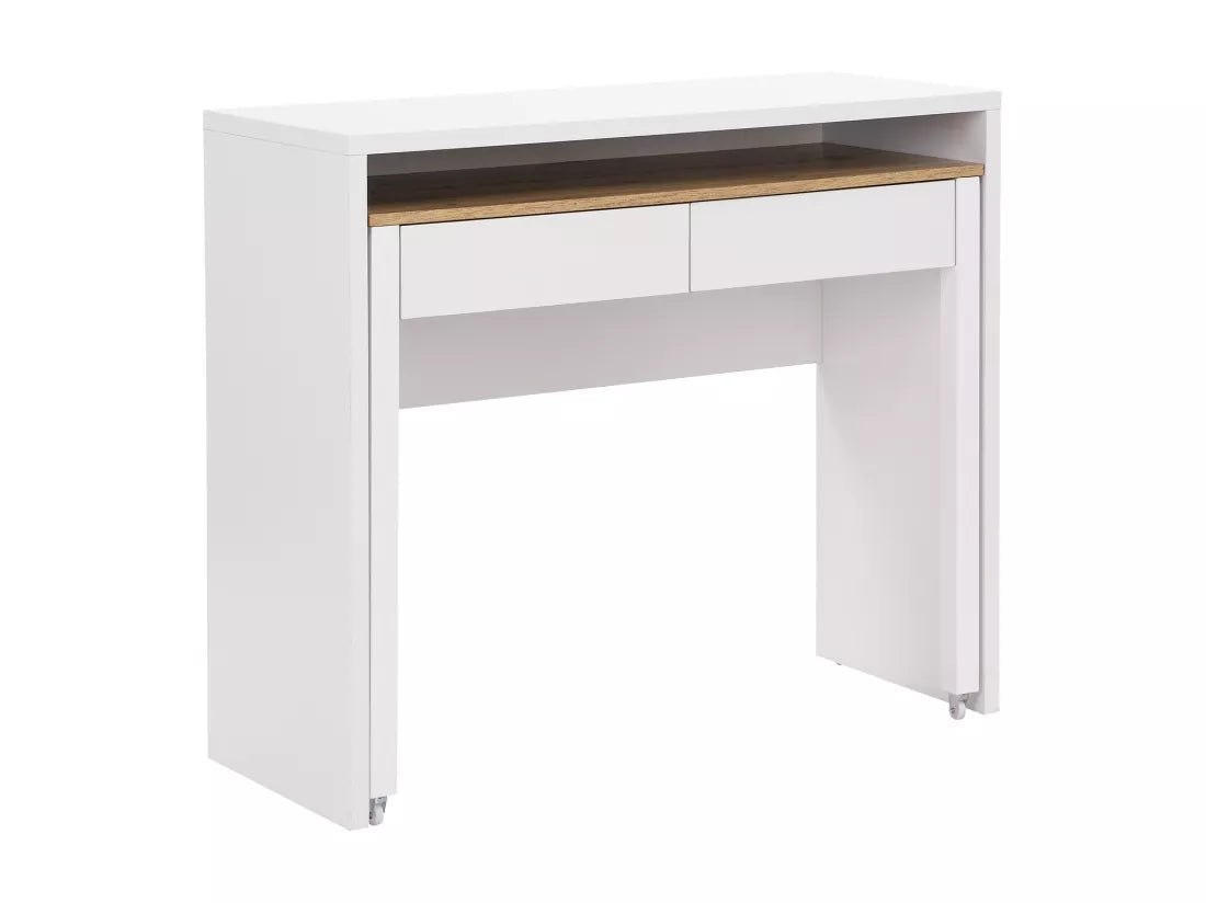 Bureau Console Extensible avec 2 Tiroirs - Blanc et Naturel