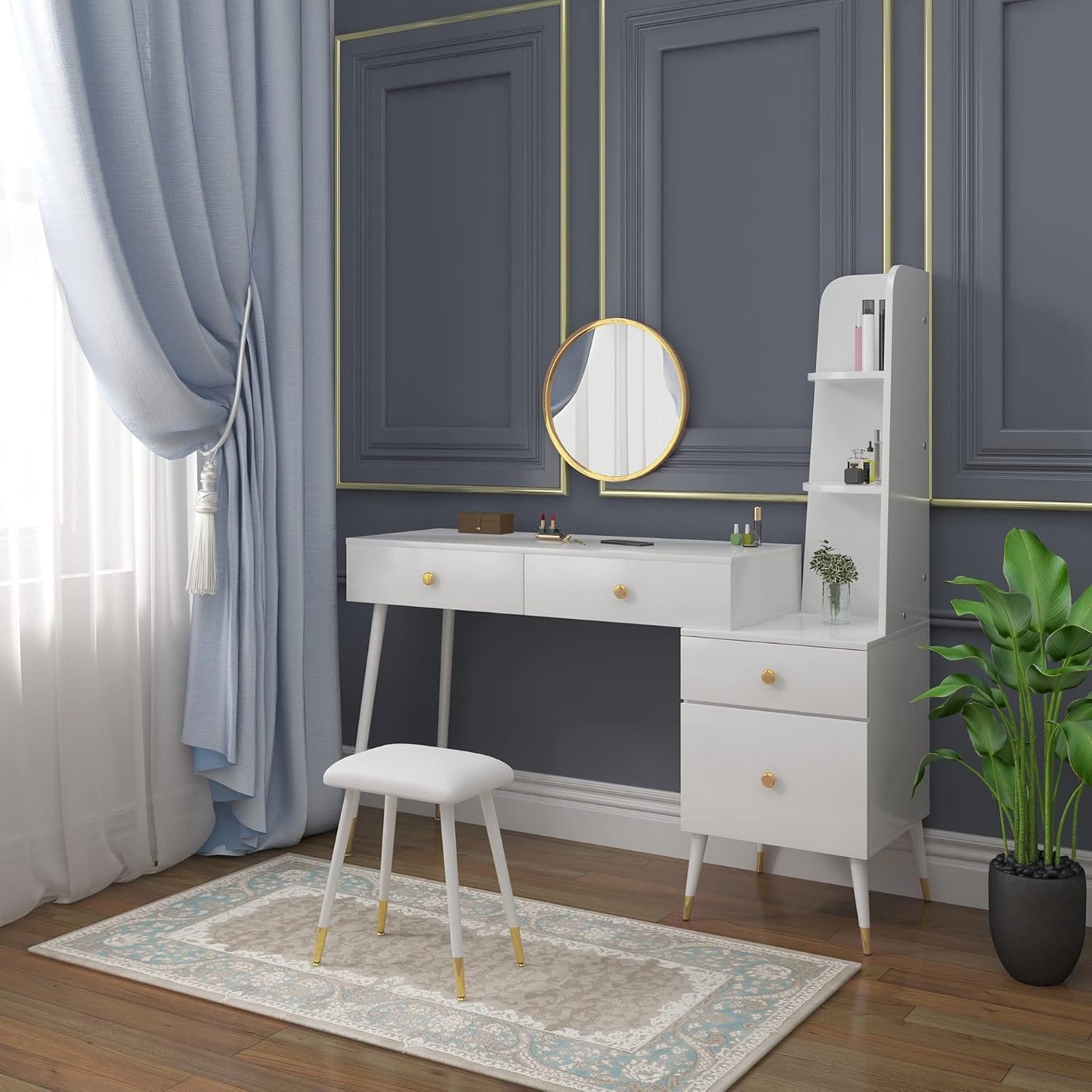 Coiffeuse avec Tabouret Miroir Commode -  4 Tiroirs