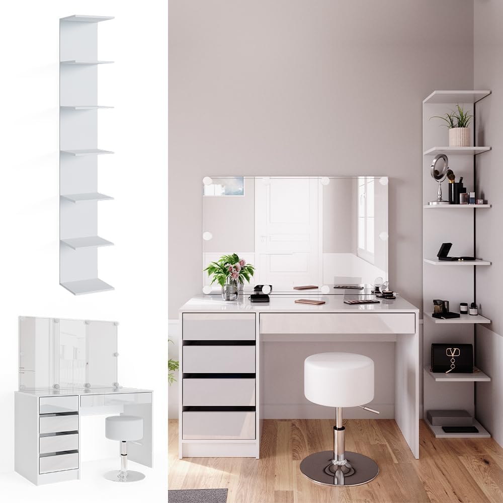 Coiffeuse Blanc - 4 Pièces avec Grande Étagère de Rangement