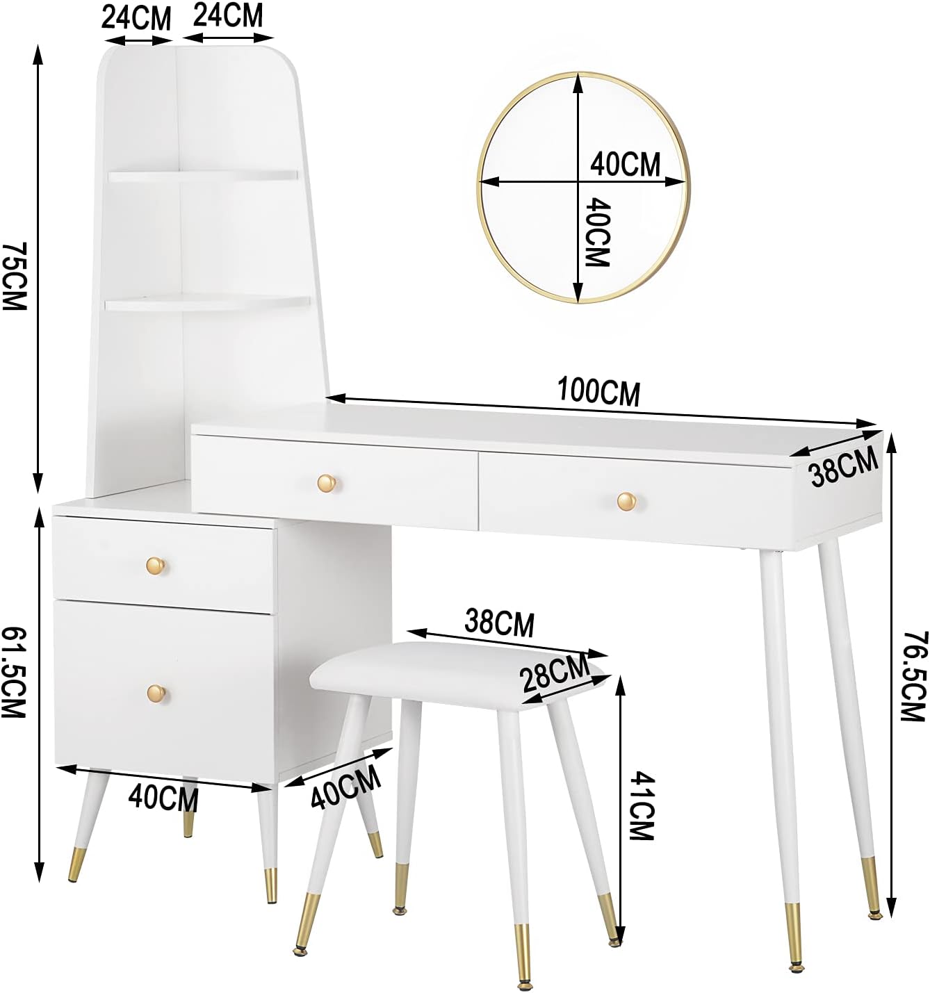 Coiffeuse avec Tabouret Miroir Commode -  4 Tiroirs