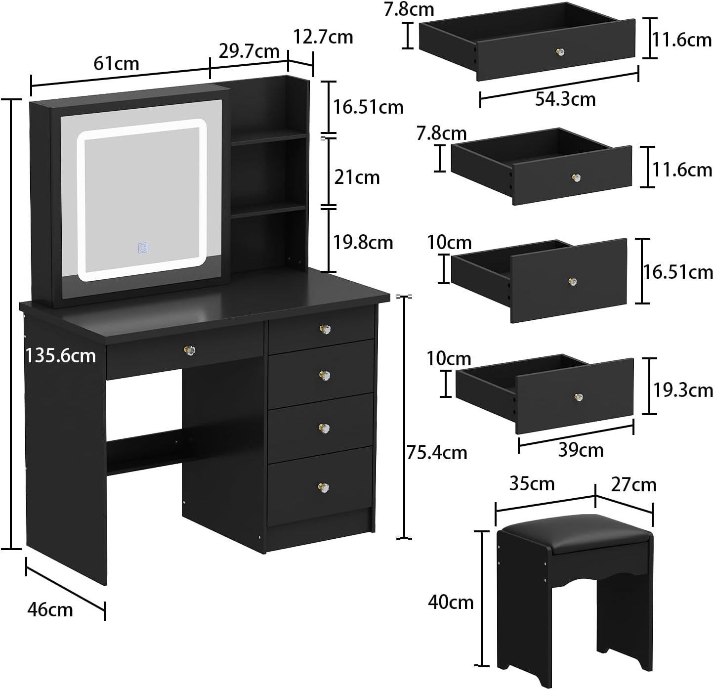 Grande Coiffeuse avec LED - Miroir et Tabouret