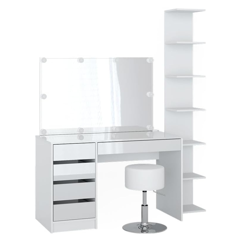 Coiffeuse Blanc - 4 Pièces avec Grande Étagère de Rangement