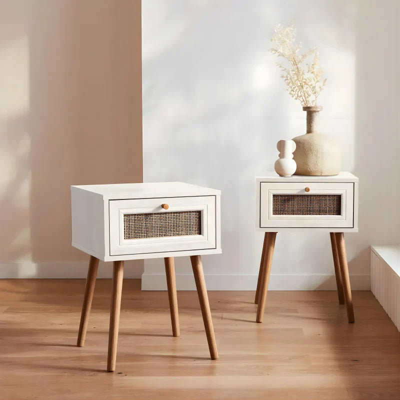 Lot de 2 Tables de Chevet Effet Bois et Cannage - Blanc