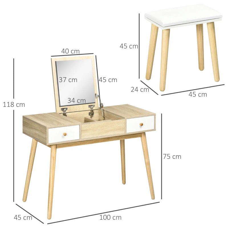 Coiffeuse avec Tabouret Style Scandinave - Aspect Chêne Clair Blanc