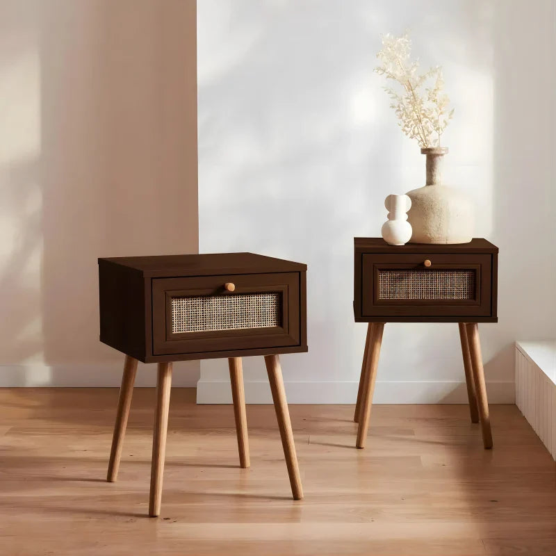 Lot de 2 Tables de Chevet Effet Bois et Cannage - Bois Foncé