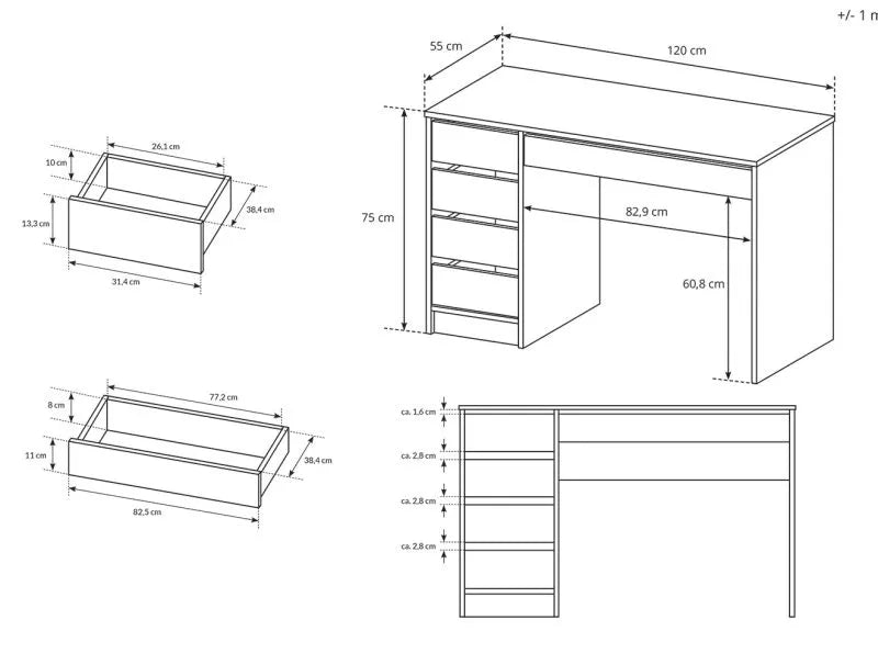 Bureau Blanc - 5 Tiroirs - 75 x 120 x 55 cm