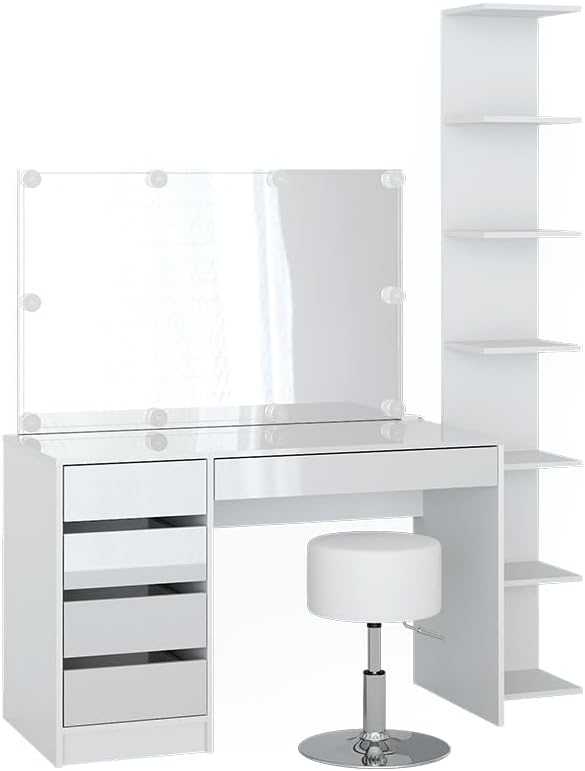 Coiffeuse Blanc - 4 Pièces avec Grande Étagère de Rangement